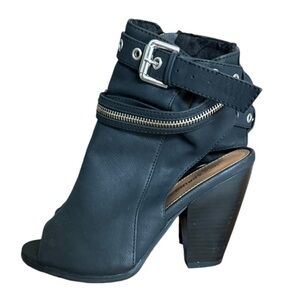Call It Spring Size 7 Black Peep Toe Heels with Chunky Heel and Ankle Strap